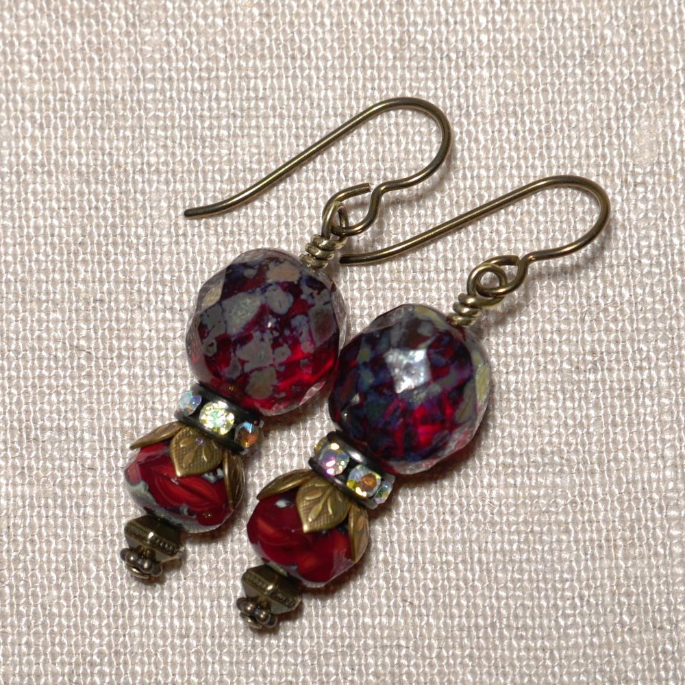 Hand Crafted Handmade Earrings Red Czech Glass & Rhinestone Long Earrings